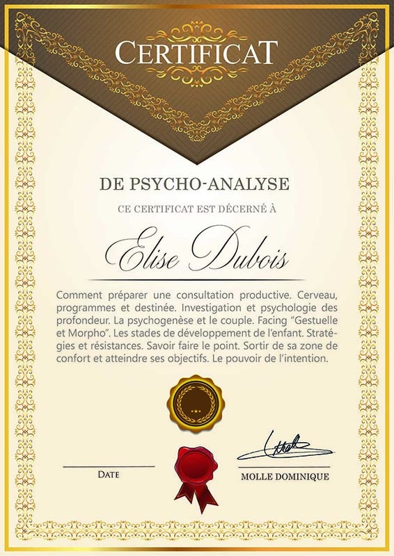 Certificat Facing - Psycho Analyse Exemple de certificat Facing - Psycho Analyse - Dominique Molle - Formation 2