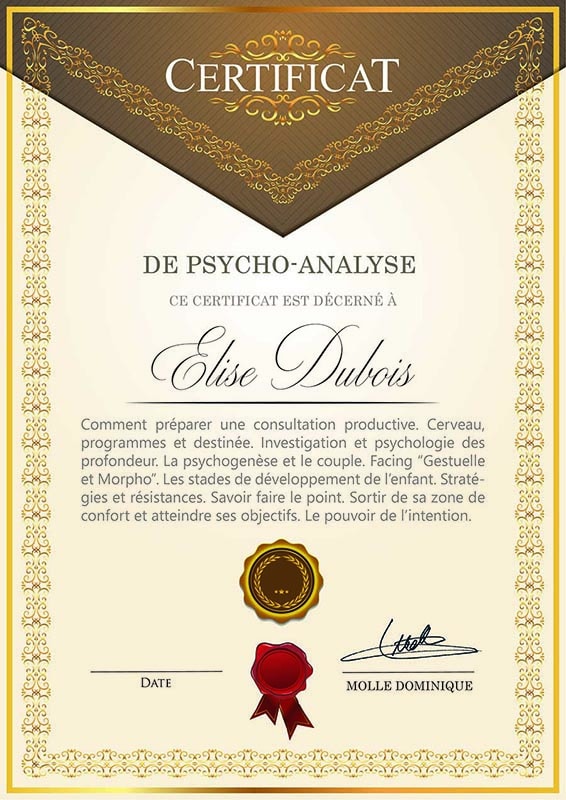 Exemple de certificat Facing - Psycho Analyse - Dominique Molle - Formation 2